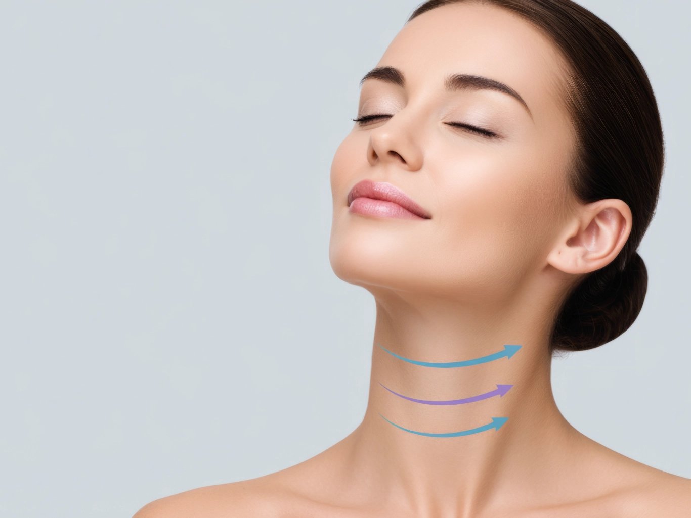 woman neck analyzed with arrows for cosmetic surgery procedure young female with smooth skin demonstrating anti aging neck treatment